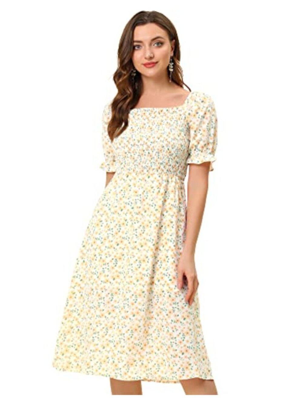 Cottagecore Floral Smocked Midi Dress Puff Sleeve Square Neck Lined